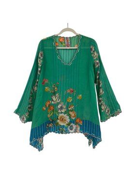 Johnny Was Stella Flare Sleeve Cupra Green Floral Blouse Size XS Oversized